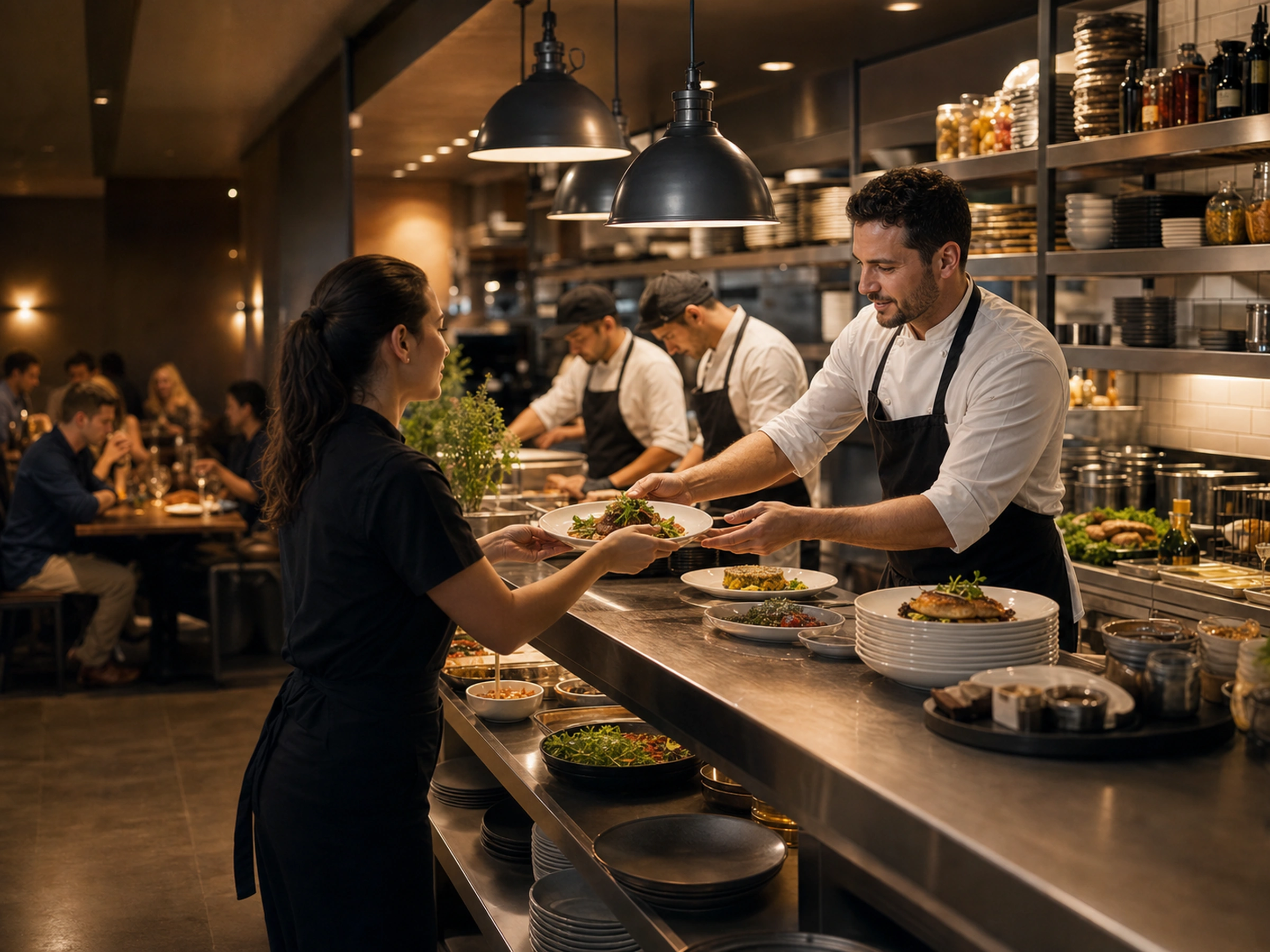Organized restaurant service with kitchen team and server coordinating dishes