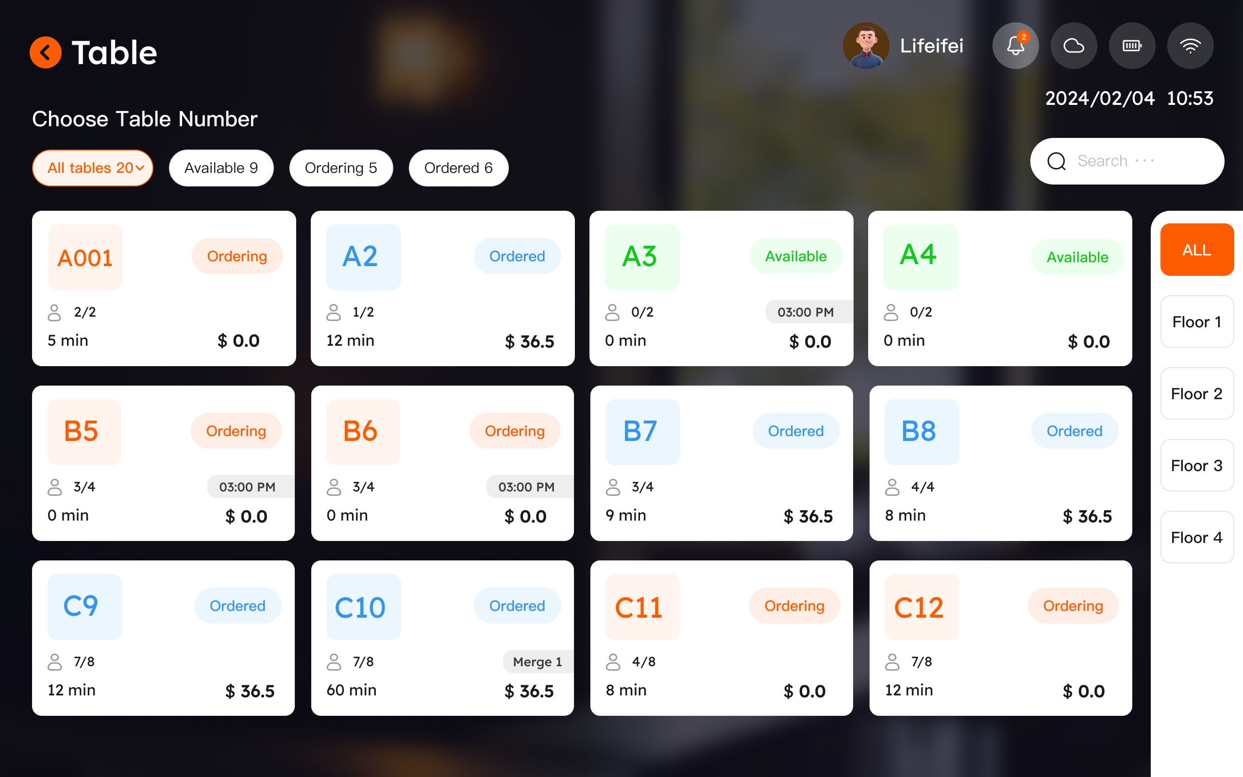 Interface pilih meja dan pesan